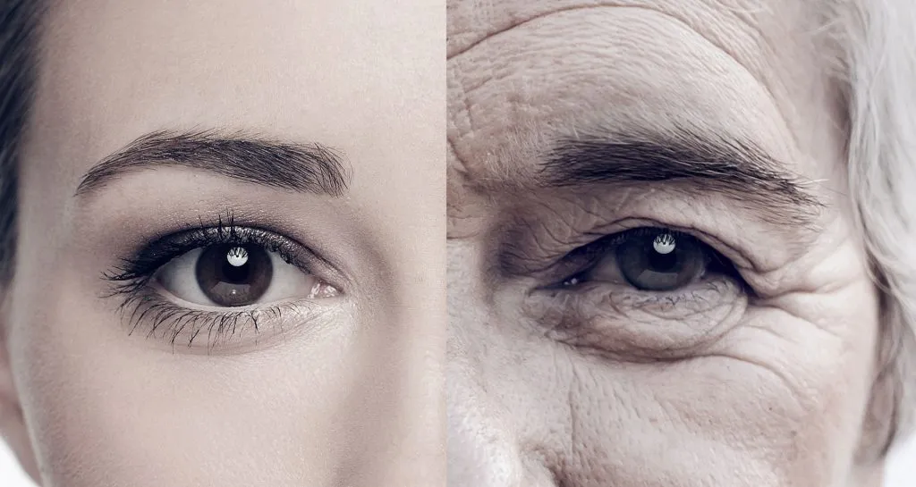Side by side photo of eyes of a young and old woman.